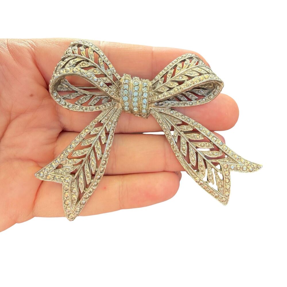 Vintage Jewelry Marcasite Ribbon Brooch Bow Pin